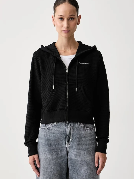 Zdjęcie produktu Guess Jeans bluza rozpinana damska z bawełną czarny