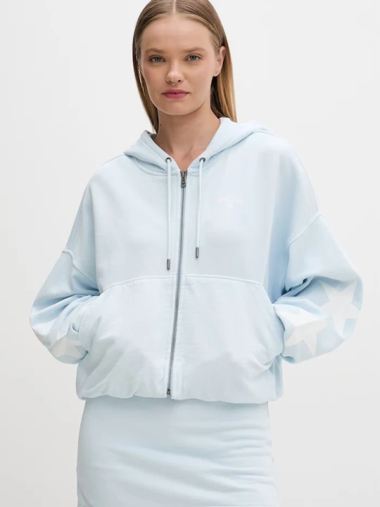 Zdjęcie produktu Guess Jeans bluza rozpinana z kapturem damska bawełniana niebieski