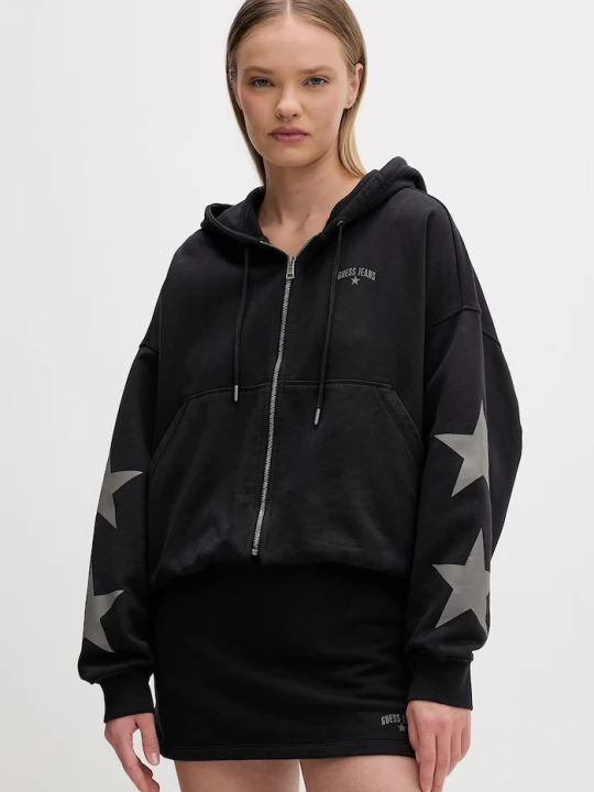 Zdjęcie produktu Guess Jeans bluza rozpinana z kapturem damska bawełniana czarny