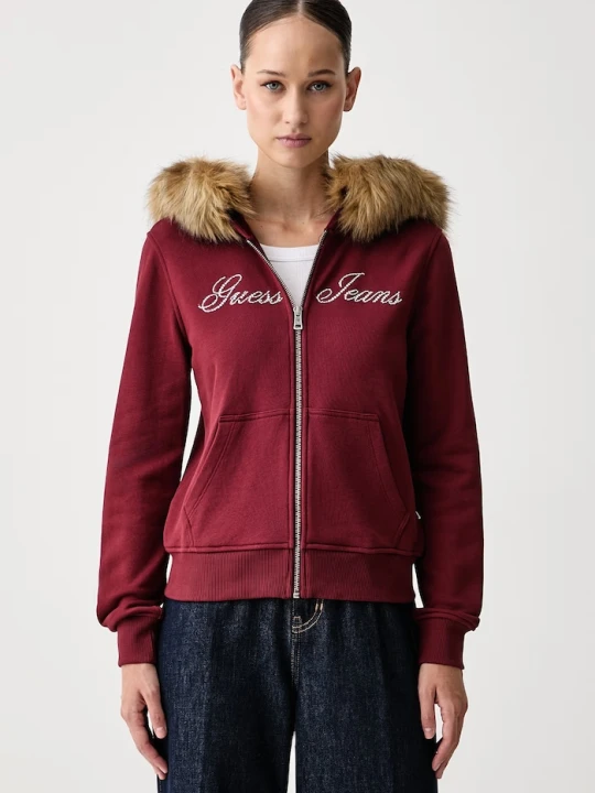 Zdjęcie produktu Guess Jeans bluza rozpinana z kapturem damska bawełniana bordowy