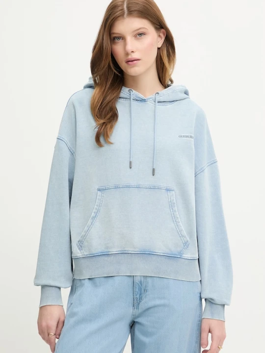 Zdjęcie produktu Guess Jeans bluza z kapturem damska bawełniana niebieski