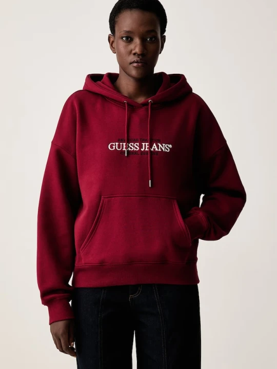 Zdjęcie produktu Guess Jeans bluza z kapturem damska z bawełną bordowy