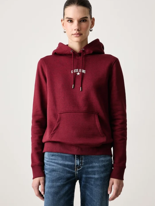 Zdjęcie produktu Guess Jeans bluza z kapturem damska z bawełną bordowy
