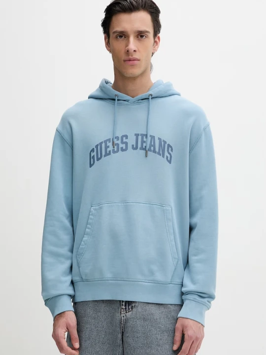 Zdjęcie produktu Guess Jeans bluza z kapturem męska bawełniana niebieski