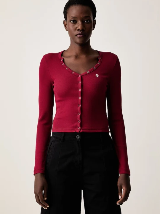 Zdjęcie produktu Guess Jeans longsleeve damski bawełniany z elastanem bordowy