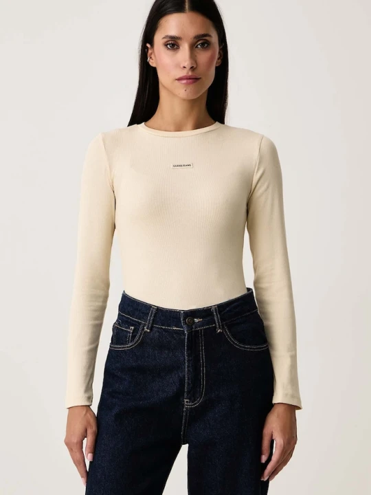 Zdjęcie produktu Guess Jeans longsleeve damski z bawełną beżowy