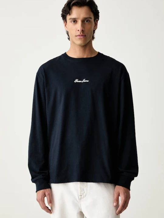 Zdjęcie produktu Guess Jeans longsleeve męski bawełniany granatowy