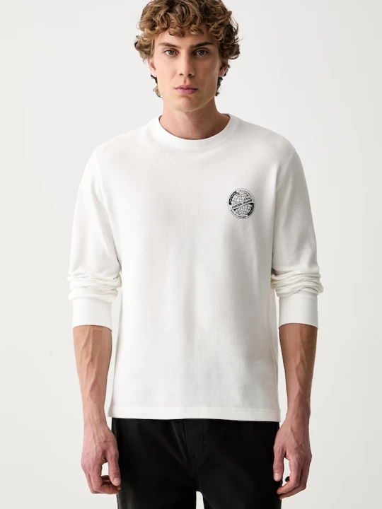 Zdjęcie produktu Guess Jeans longsleeve męski bawełniany z elastanem beżowy