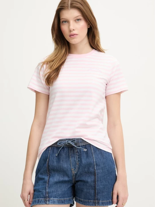 Zdjęcie produktu Guess Jeans T-shirt basic damski z bawełną różowy