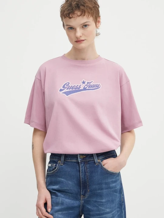 Zdjęcie produktu Guess Jeans t-shirt bawełniany fioletowy