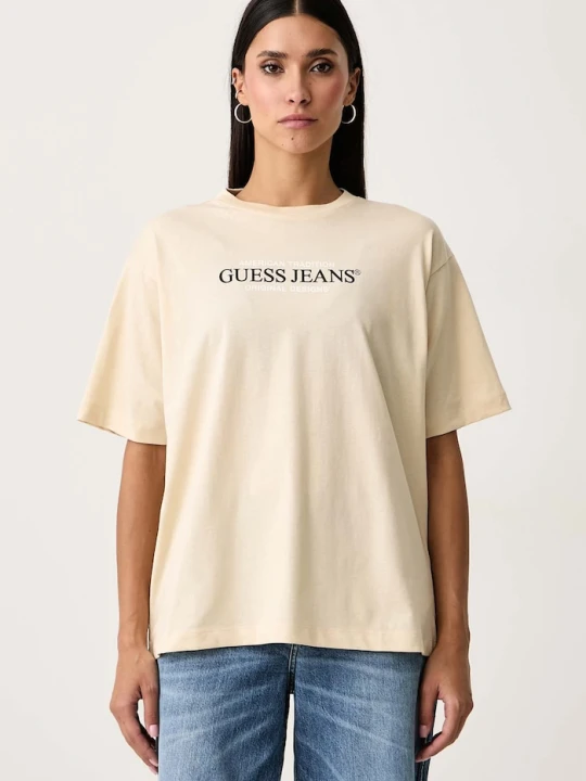 Zdjęcie produktu Guess Jeans T-shirt damski bawełniany beżowy