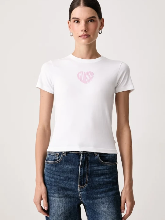 Zdjęcie produktu Guess Jeans T-shirt damski bawełniany z elastanem biały