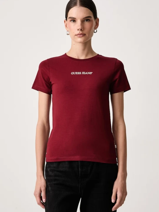 Zdjęcie produktu Guess Jeans T-shirt damski bawełniany z elastanem bordowy