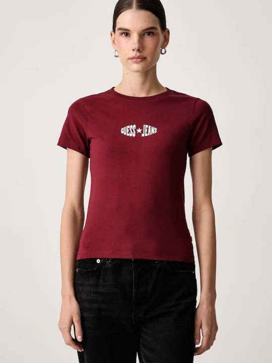 Zdjęcie produktu Guess Jeans T-shirt damski z bawełną bordowy