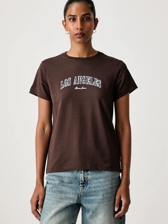 Zdjęcie produktu Guess Jeans T-shirt damski z bawełną brązowy