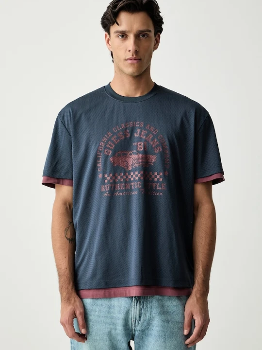 Zdjęcie produktu Guess Jeans T-shirt męski skórzany granatowy
