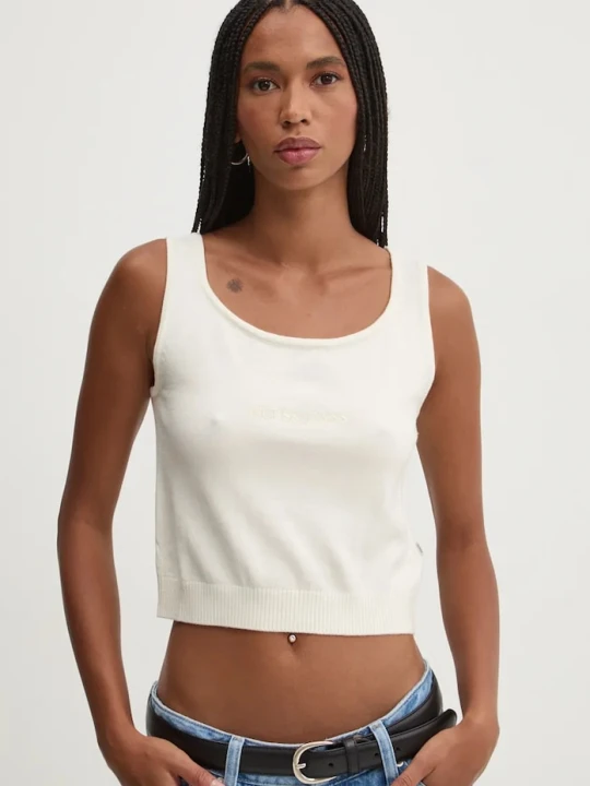 Zdjęcie produktu Guess Jeans top z domieszką jedwabiu beżowy