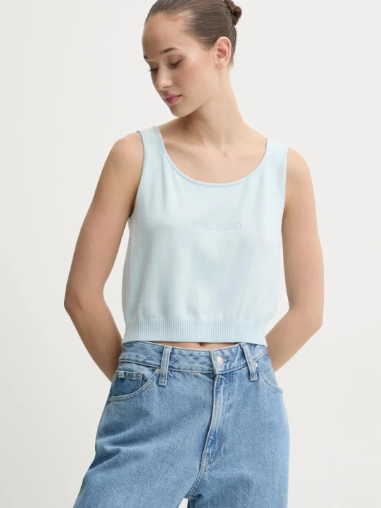 Zdjęcie produktu Guess Jeans top z domieszką jedwabiu niebieski