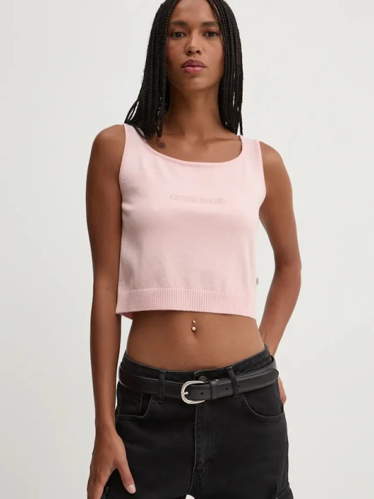Zdjęcie produktu Guess Jeans top z domieszką jedwabiu różowy