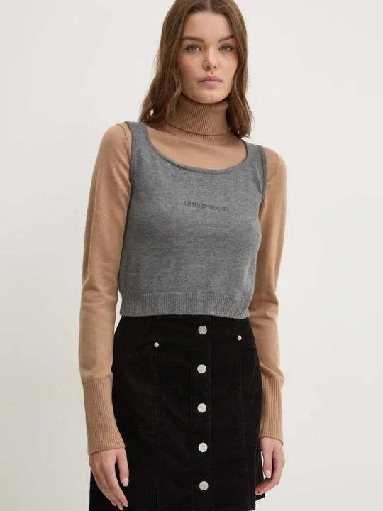 Zdjęcie produktu Guess Jeans top z domieszką jedwabiu szary