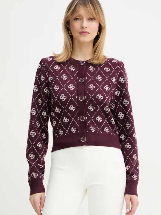 Zdjęcie produktu Guess kardigan z domieszką wełny SARAH bordowy