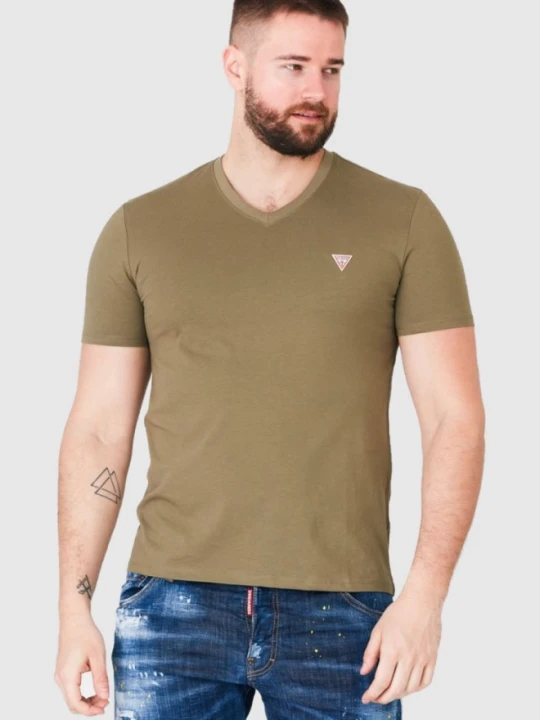 Zdjęcie produktu GUESS Khaki t-shirt męski w serek, Rozmiar S Zielony