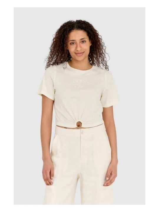 Zdjęcie produktu GUESS Kremowy t-shirt damski cropped fit piercing, Rozmiar L Beżowy