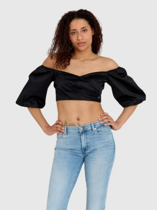 Zdjęcie produktu GUESS Krótka czarna bluzka damska z bufiastymi rękawami, Rozmiar M