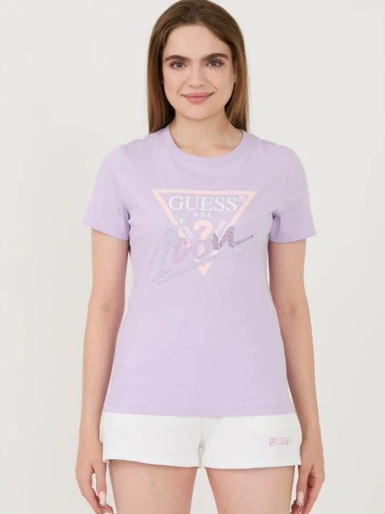 Zdjęcie produktu GUESS Lawendowy damski t-shirt bawełniany Icon Tee, Rozmiar XS Fioletowy