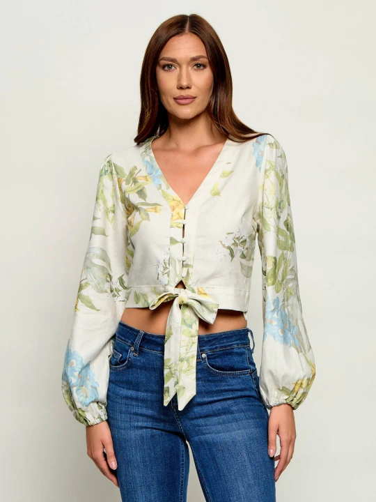 Zdjęcie produktu GUESS Lniana bluzka SHIRLEY | Cropped Fit zielony