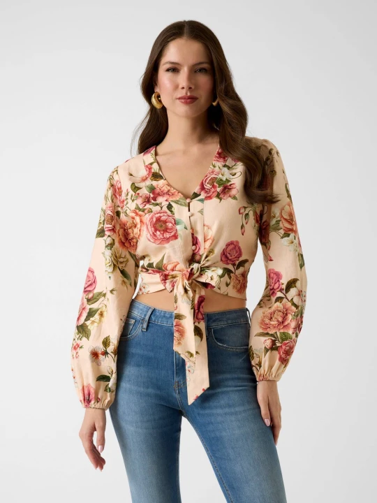 Zdjęcie produktu GUESS Lniana bluzka Shirley | Cropped Fit beżowy