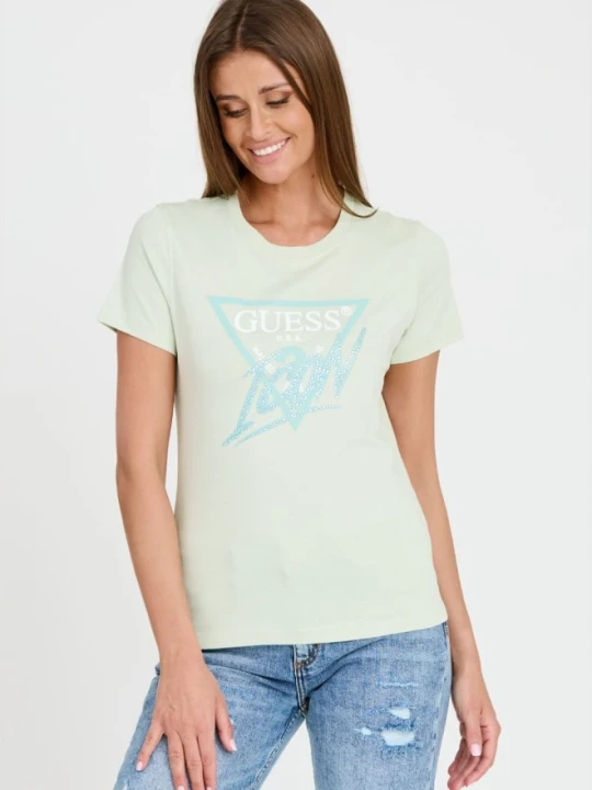 Zdjęcie produktu GUESS Miętowy damski t-shirt bawełniany Icon Tee, Rozmiar M Zielony