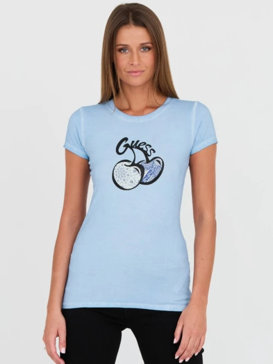 Zdjęcie produktu GUESS Niebieski damski t-shirt bawełniany z printem i cyrkoniami, Rozmiar XS