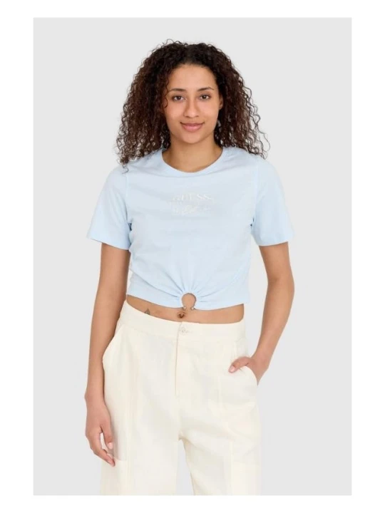 Zdjęcie produktu GUESS Niebieski t-shirt damski cropped fit piercing, Rozmiar M