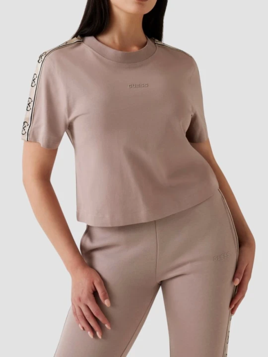Zdjęcie produktu GUESS Różowy bawełniany t-shirt damski z lampasami Britney, Rozmiar L