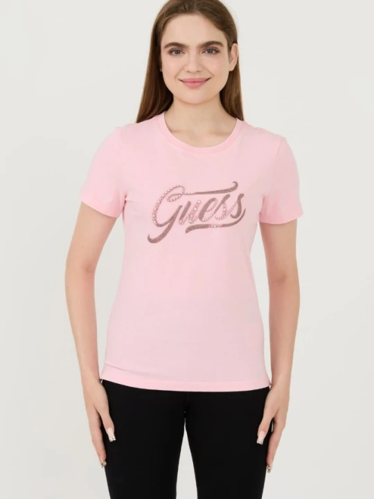 Zdjęcie produktu GUESS Różowy damski t-shirt bawełniany Stones&embro Tee, Rozmiar L