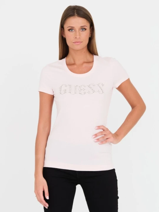 Zdjęcie produktu GUESS Różowy damski t-shirt bawełniany Stones Logo Tee, Rozmiar S