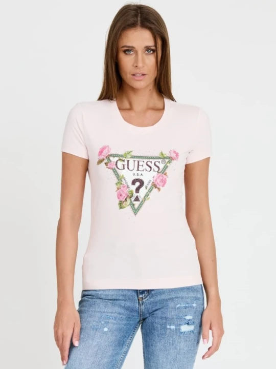 Zdjęcie produktu GUESS Różowy damski t-shirt Floral Triangle Tee, Rozmiar M