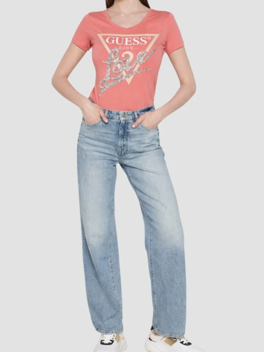Zdjęcie produktu GUESS Różowy damski t-shirt Pearls Love, Rozmiar XS