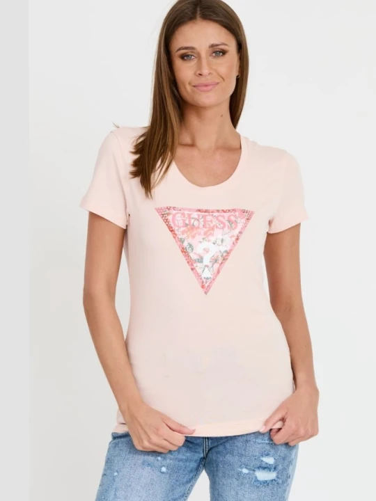 Zdjęcie produktu GUESS Różowy damski t-shirt Satin Triangle Tee, Rozmiar S