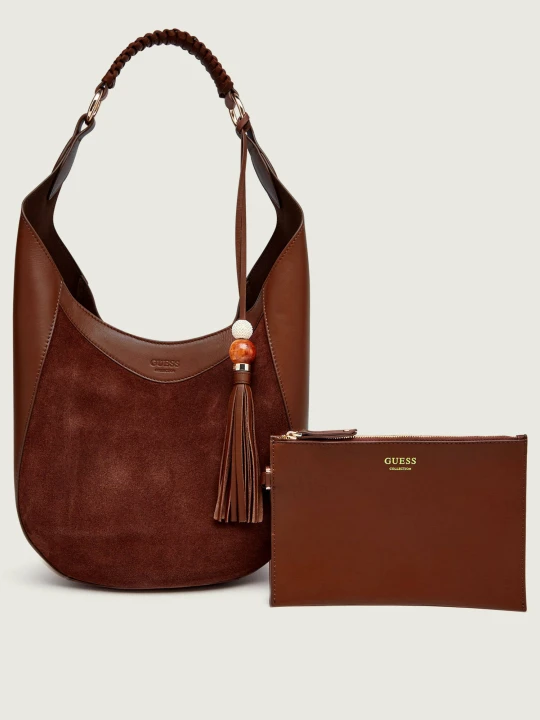 Zdjęcie produktu Guess Skórzane hobo + saszetka Nina | zamsz brązowy