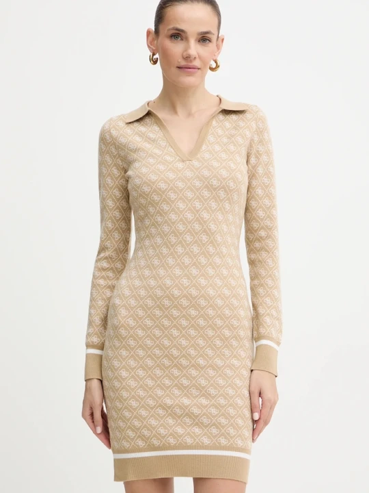 Zdjęcie produktu Guess sukienka z domieszką wełny AUBREY beżowy