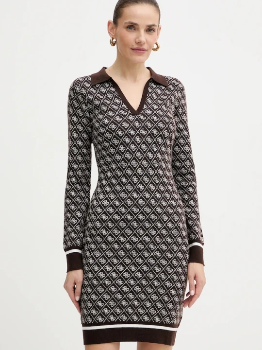 Zdjęcie produktu Guess sukienka z domieszką wełny AUBREY brązowy