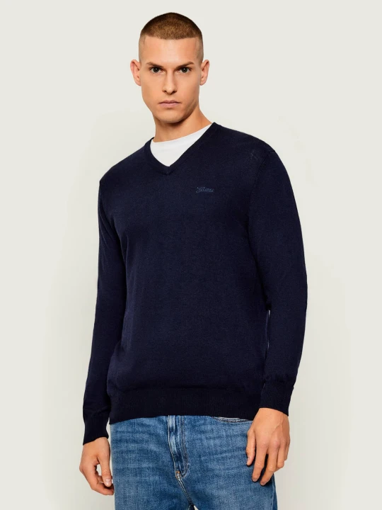 Zdjęcie produktu GUESS Sweter DAREN | Slim Fit | z dodatkiem jedwabiu granatowy