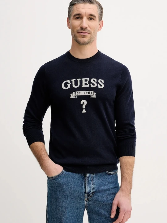 Zdjęcie produktu Guess sweter z domieszką jedwabiu HAMMOND granatowy