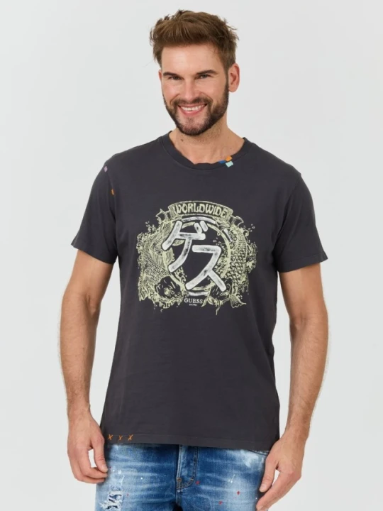 Zdjęcie produktu GUESS Szary męski t-shirt bawełniany Japanese Ideog, Rozmiar XXL