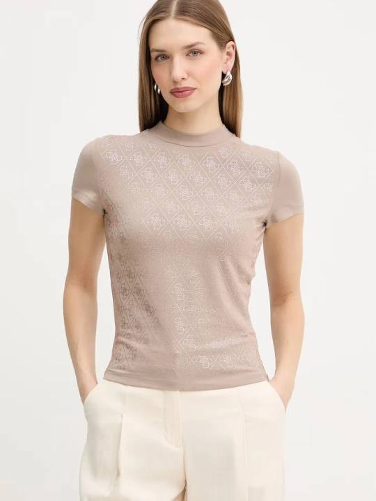 Zdjęcie produktu Guess T-shirt damski z bawełną beżowy