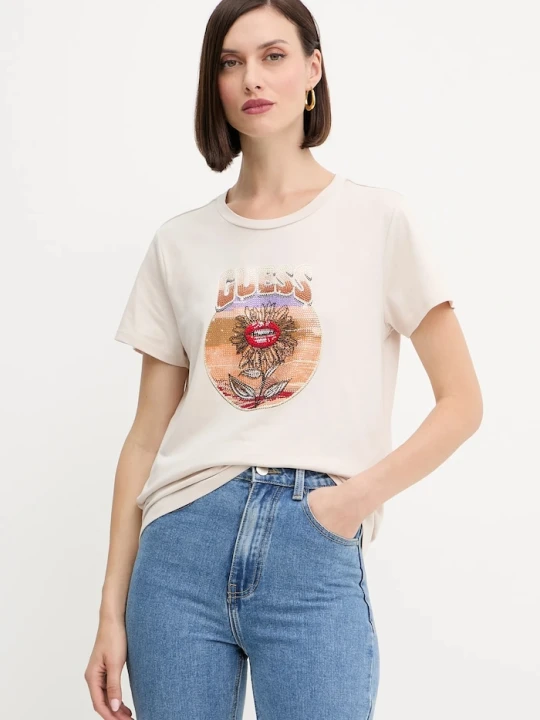 Zdjęcie produktu Guess t-shirt bawełniany beżowy