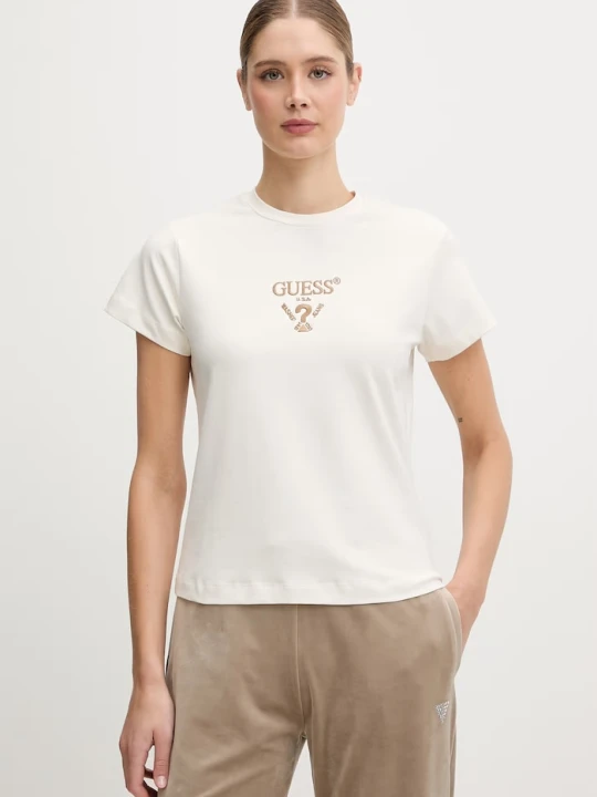 Zdjęcie produktu Guess T-shirt damski bawełniany z elastanem COLETTE beżowy