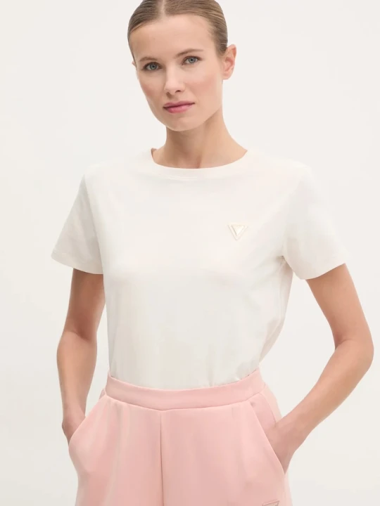 Zdjęcie produktu Guess T-shirt damski bawełniany z elastanem COLETTE beżowy